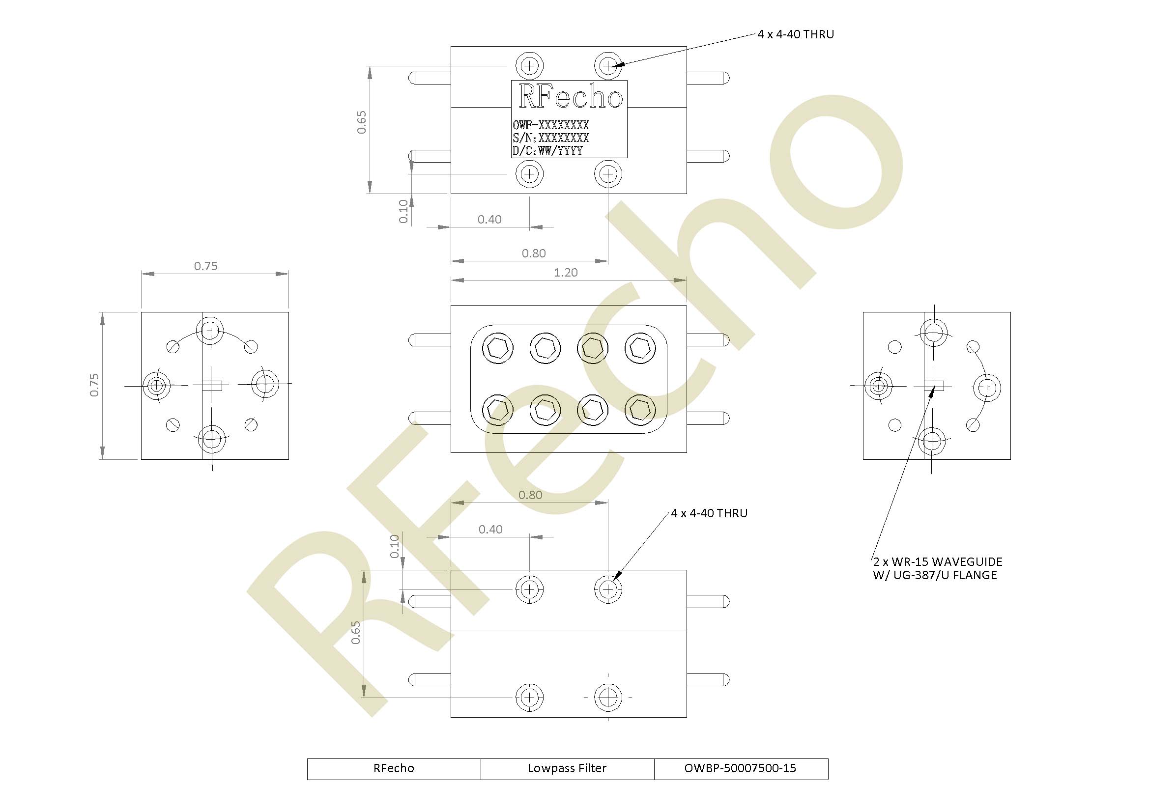 Low Pass Filter 50GHz to 75GHz V Band Waveguide low pass Filter with Rejection Frequency 79GHz to 120GHz