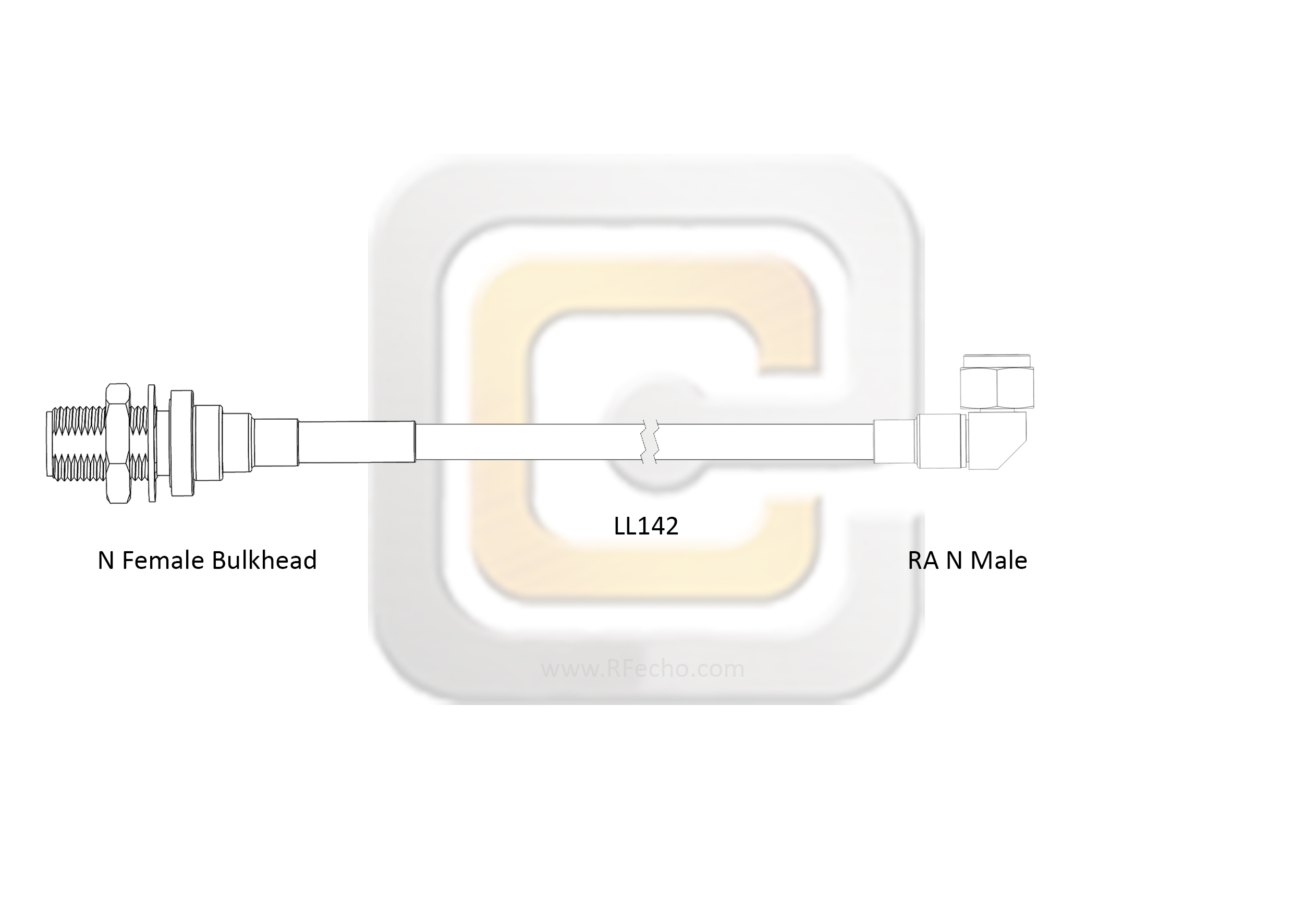 Low Loss N Female Bulkhead to Right Angle N Male, 18 GHz, LL142 Coax and RoHS Low Loss N Female Bulkhead to Right Angle N Male, 18 GHz, LL142 Coax and RoHS
