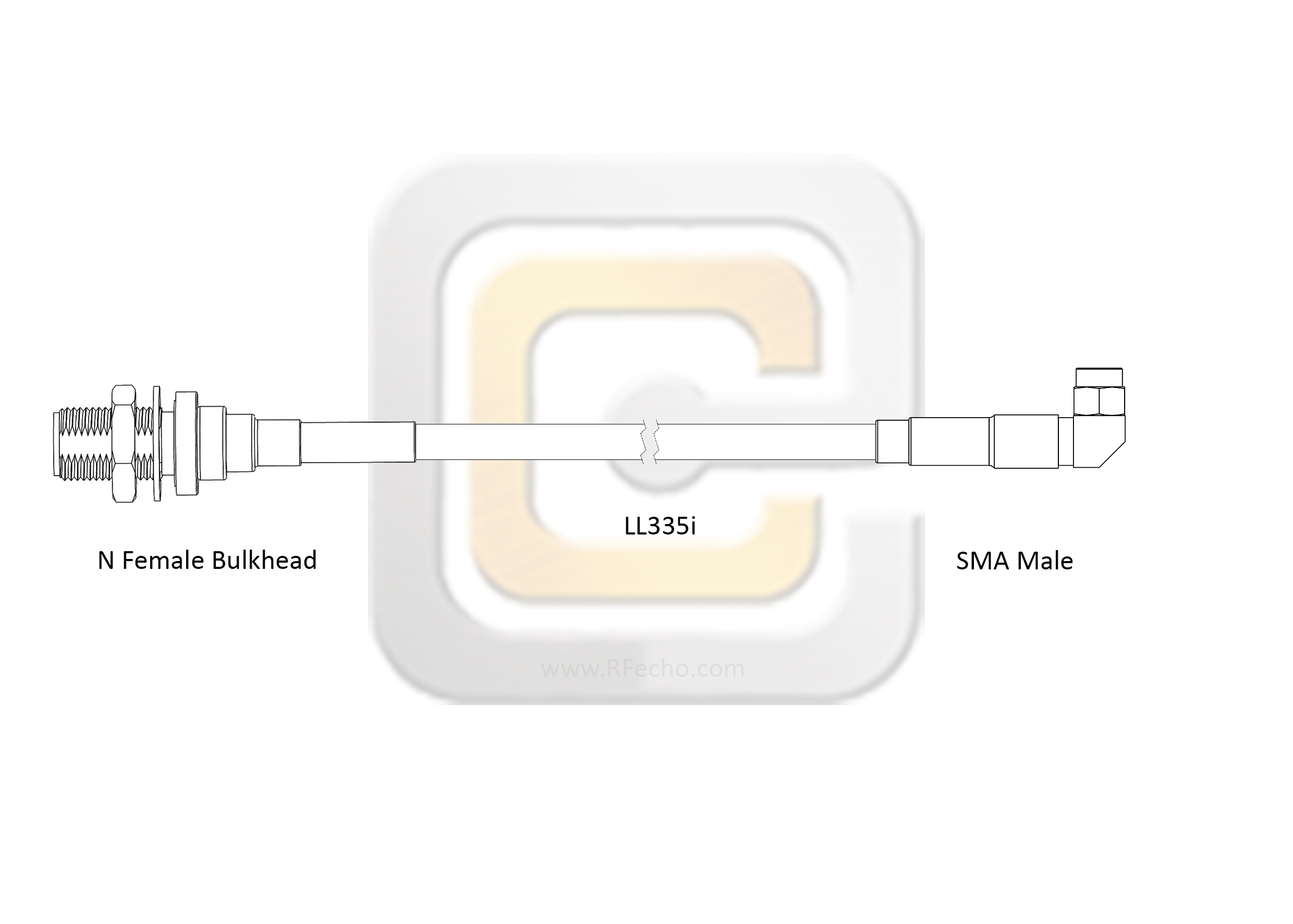 Low Loss Right Angle SMA Male to N Female Bulkhead, 18 GHz, Composite LL335i Coax and RoHS