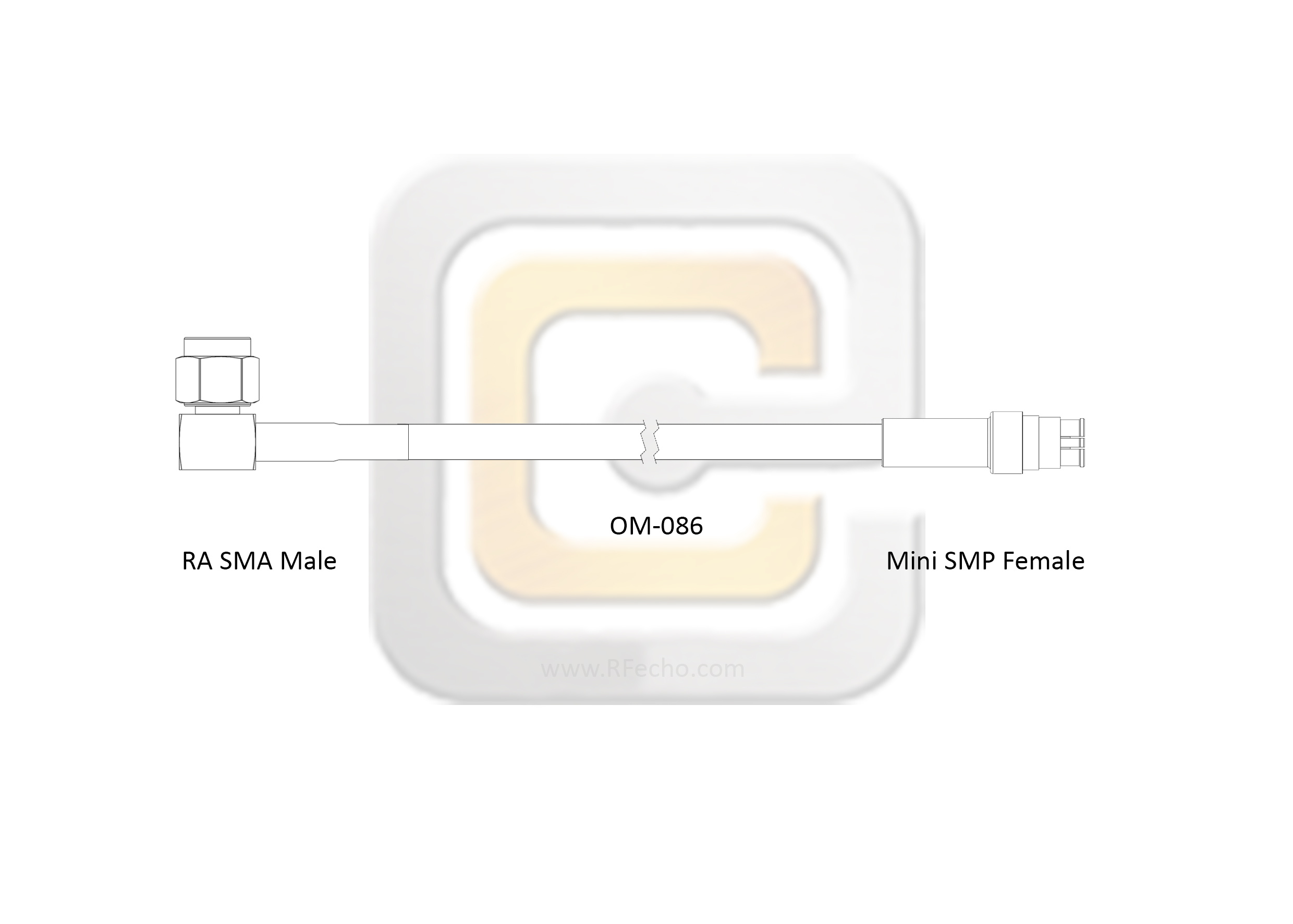 Mini SMP Female to Right Angle SMA Male, 26.5 GHz, CompositeOM-086 Coax and RoHS Mini SMP Female to Right Angle SMA Male, 26.5 GHz, CompositeOM-086 Coax and RoHS