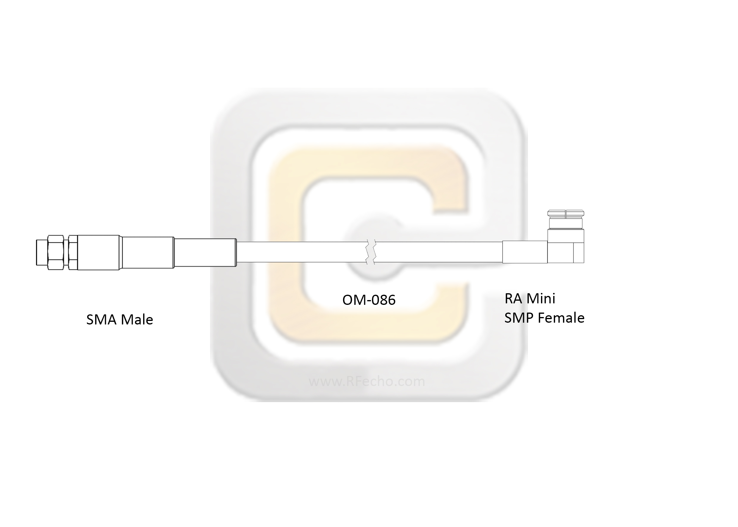 SMA Male to Right Angle Mini SMP Female, 26.5 GHz, OM-086 Coax and RoHS SMA Male to Right Angle Mini SMP Female, 26.5 GHz, OM-086 Coax and RoHS