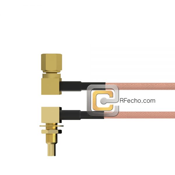 Right Angle SSMC Plug to Right Angle SSMC Jack Bulkhead RG178 Coax and RoHS F074-381R0-380R1-30-N