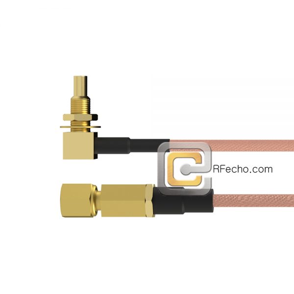 SSMC Plug to Right Angle SSMC Jack Bulkhead RG178 Coax and RoHS F074-381S0-380R1-30-N