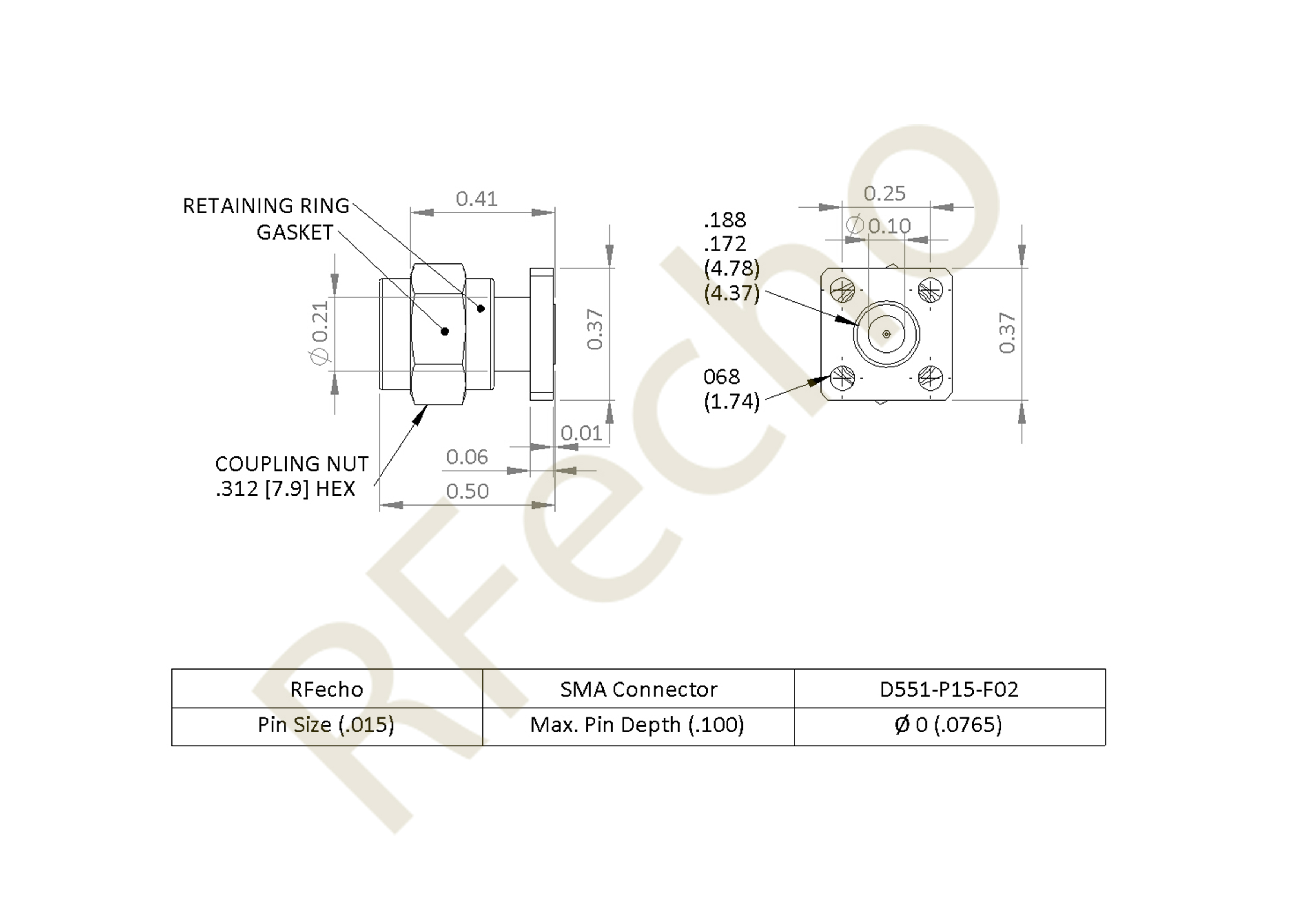 SMA 27 GHz, 0.012″ Accept Pin Diameter, 4 Hole .375 Square″ Mounting Flange Female Connector SMA 27 GHz, 0.012″ Accept Pin Diameter, 4 Hole .375 Square″ Mounting Flange Female Connector