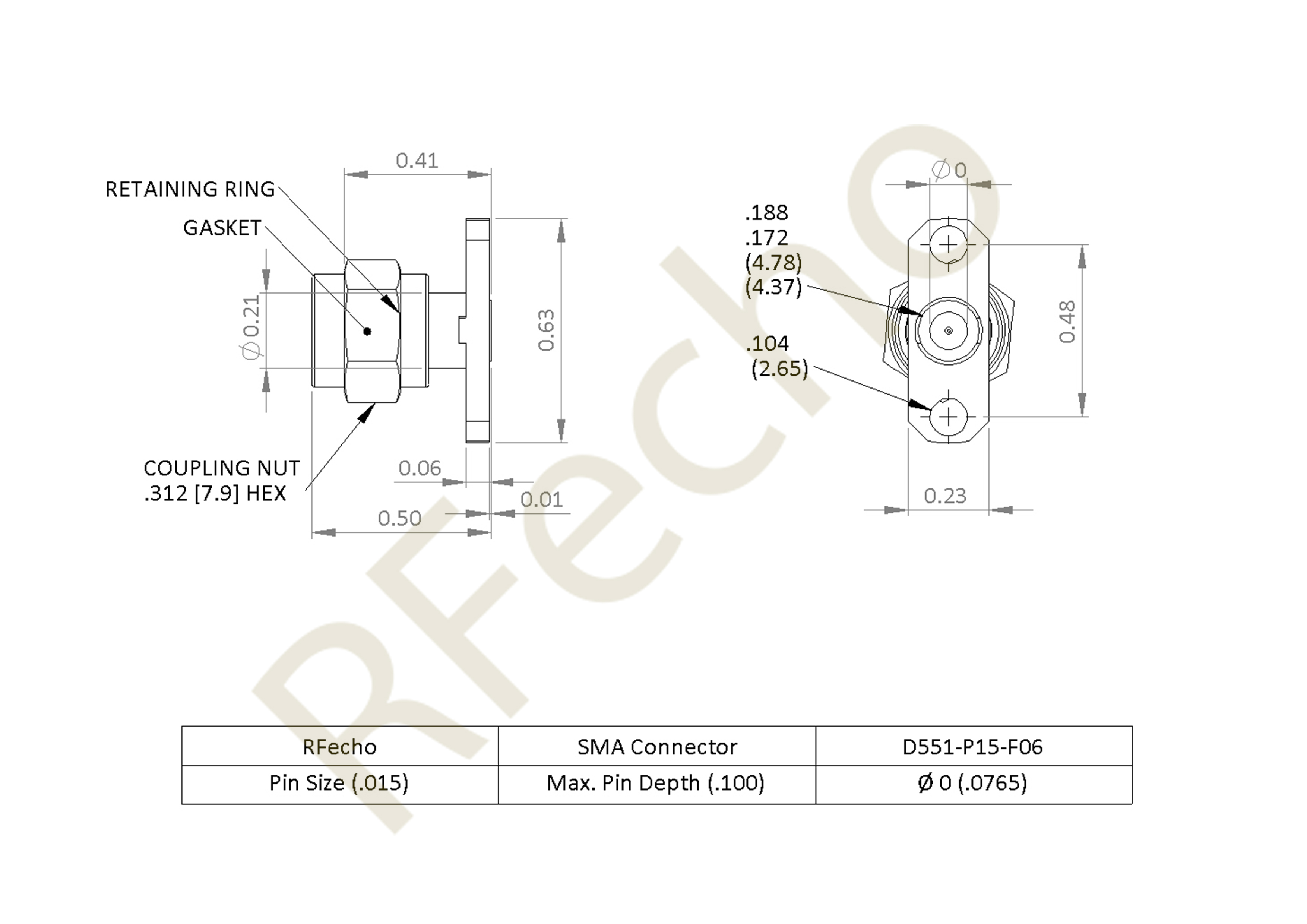 SMA 27 GHz, 0.012″ Accept Pin Diameter, 2 Hole .625 Long″ Mounting Flange Female Connector